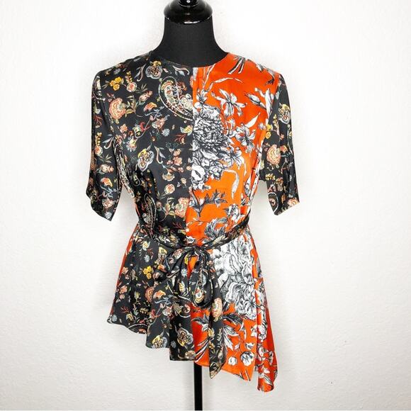 Zara red orange black white floral tie waist asymmetrical hem top size Medium - Picture 1 of 16
